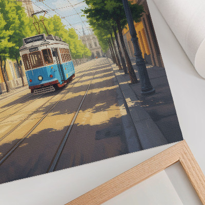 Poster Zonnige straattram groen en blauw