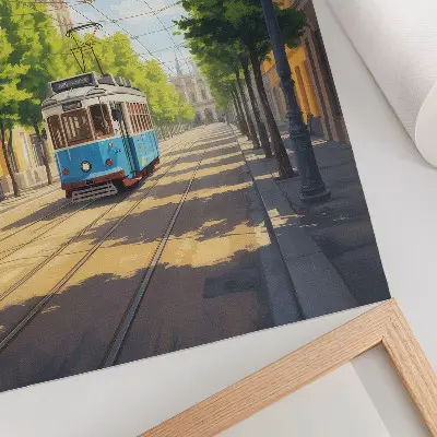 Poster zonnige straattram in groen en blauw