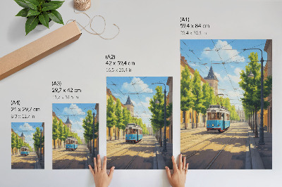 Poster Zonnige straattram groen en blauw