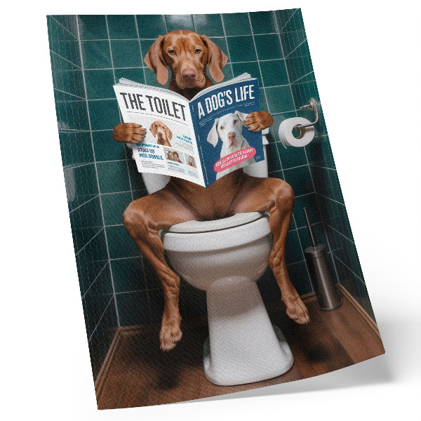 Poster Hond op het toilet met groene tegeltjes tijdschrift