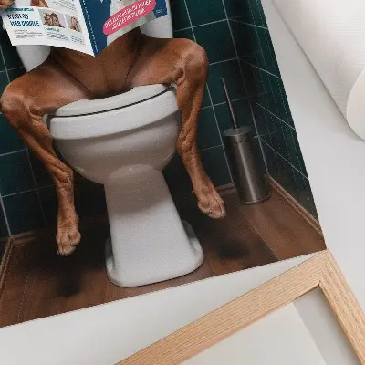 Poster hond op het toilet met groene tegeltjes en tijdschrift