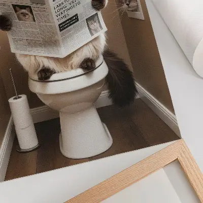 Decoratieve poster kat met een krant voor een beige muur voor een vleugje humor en warmte