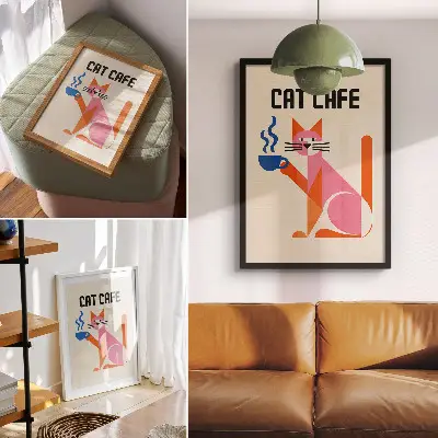 Poster creatief retro ontwerp met koffiedrinkende kat