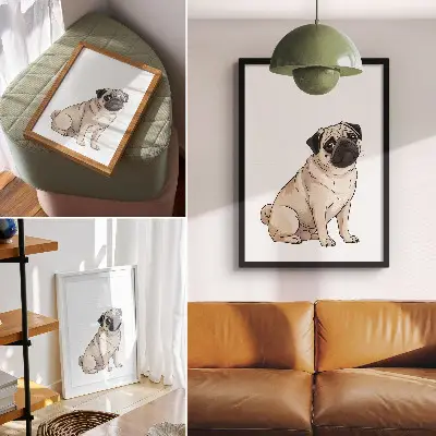 Decoratieve poster portret van een hond in een illustratieve stijl met subtiele kleuren