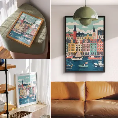 Wandposter kleurrijke huizen aan het water met een charmante en harmonieuze uitstraling