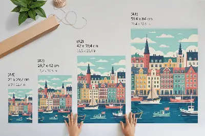 Wandposter kleurrijke huizen aan het water met een charmante en harmonieuze uitstraling