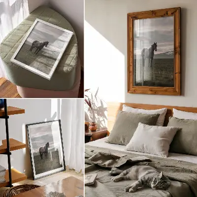 Poster paard in de wei met wolken in een harmonieus ochtendlandschap