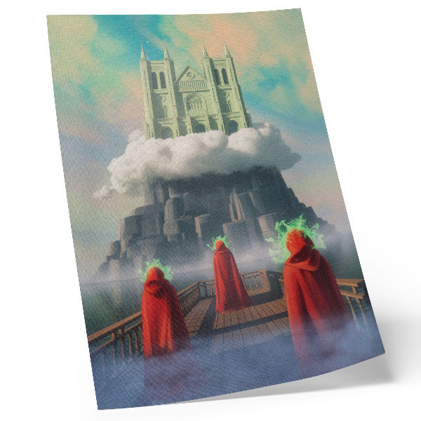 Poster Kasteel in de wolken, figuren in jassen, surrealisme