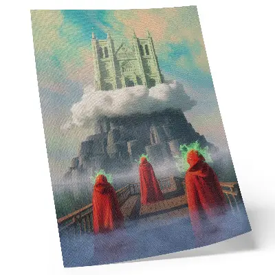 Poster kasteel in de wolken met figuren in jassen in surrealistische stijl