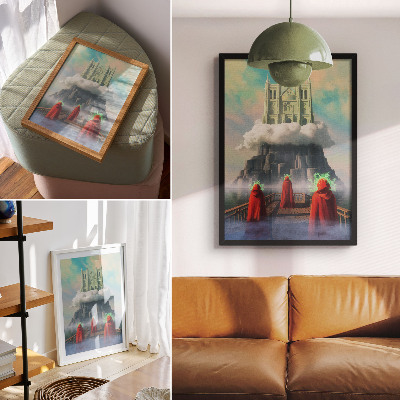 Poster Kasteel in de wolken, figuren in jassen, surrealisme