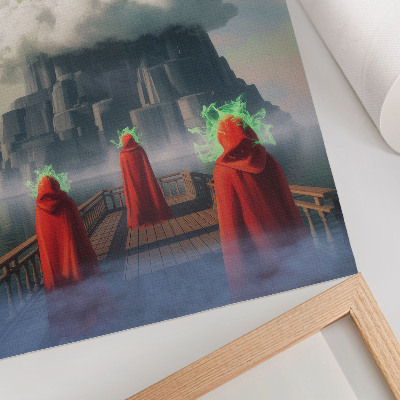 Poster Kasteel in de wolken, figuren in jassen, surrealisme