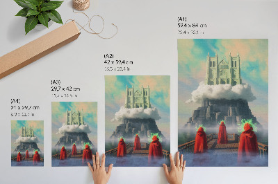 Poster Kasteel in de wolken, figuren in jassen, surrealisme