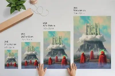 Poster kasteel in de wolken met figuren in jassen in surrealistische stijl