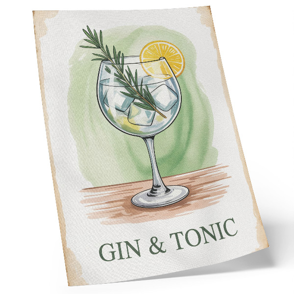 Decoratieve poster Een glas gin, rozemarijn en citroen op een groene achtergrond.