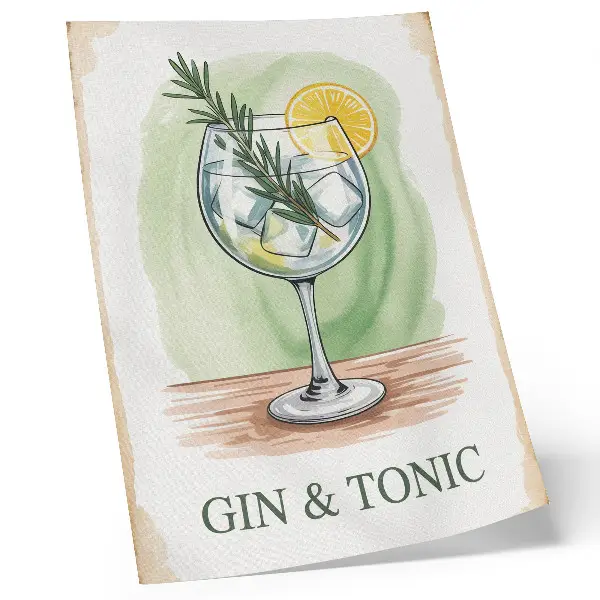 Decoratieve poster met een glas gin, rozemarijn en citroen op een groene achtergrond