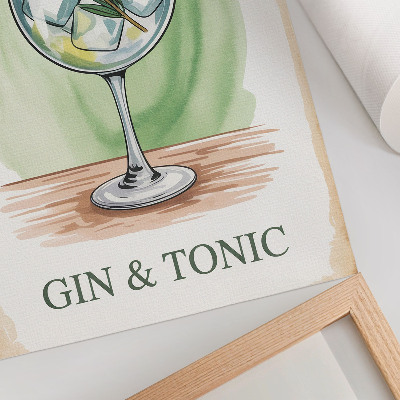 Decoratieve poster Een glas gin, rozemarijn en citroen op een groene achtergrond.