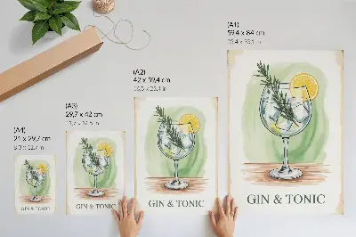 Decoratieve poster met een glas gin, rozemarijn en citroen op een groene achtergrond