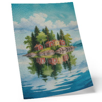 Poster Schilderachtig eiland, huizen, bomen, kalm water
