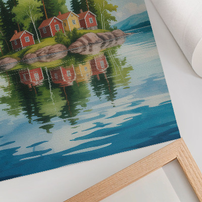 Poster Schilderachtig eiland, huizen, bomen, kalm water
