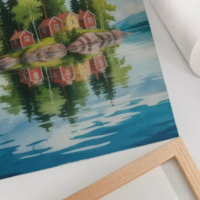 Poster schilderachtig eiland met huizen, bomen en kalm water