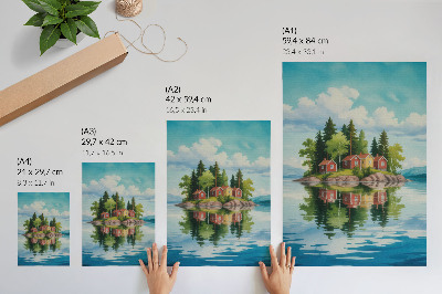 Poster Schilderachtig eiland, huizen, bomen, kalm water