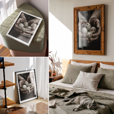 Decoratieve poster Aardse handen en kwarteleieren vol contrast