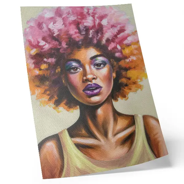 Decoratieve poster met levendige kleuren en een expressieve figuur met sterke gelaatsuitdrukking