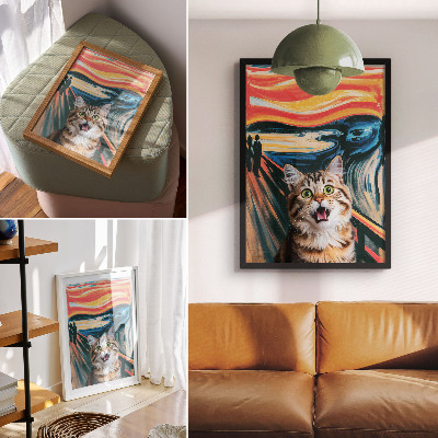 Wandposter Een kat tegen een achtergrond van een levendig, abstract schilderij.