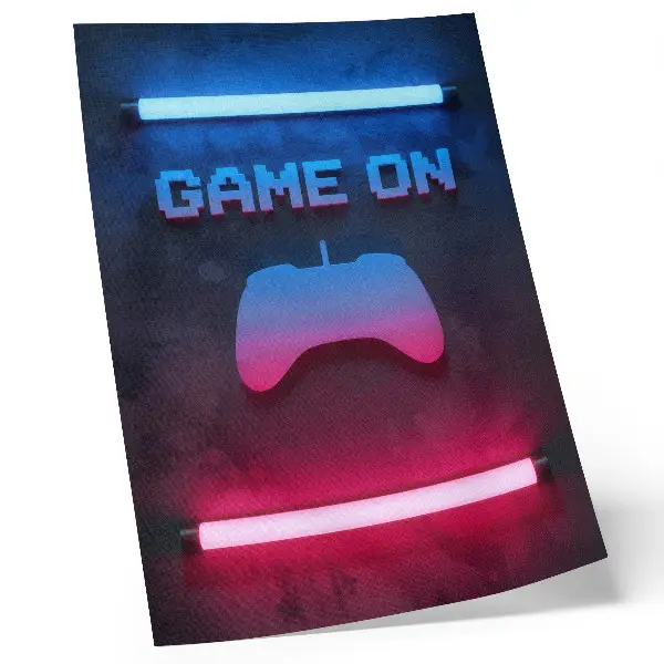 Poster met neon pixelinscriptie en dynamisch speelpad