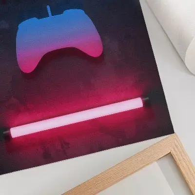 Poster met neon pixelinscriptie en dynamisch speelpad