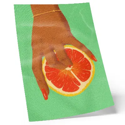 Wandposter hand met grapefruit in levendige popartstijl