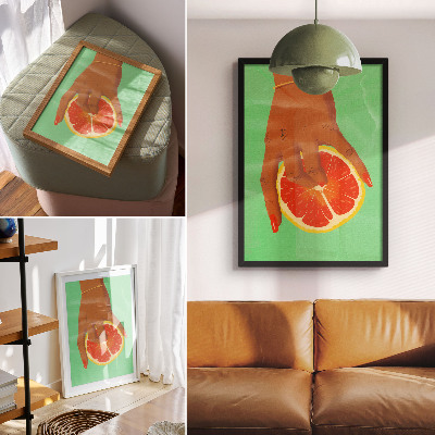 Wandposter Hand met grapefruit, levendige kleuren, popart.