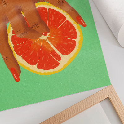 Wandposter Hand met grapefruit, levendige kleuren, popart.