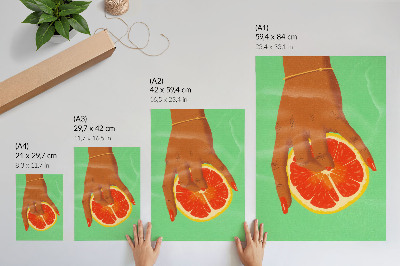Wandposter Hand met grapefruit, levendige kleuren, popart.
