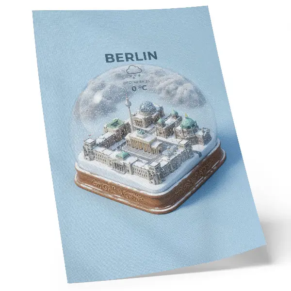 Decoratieve poster met een miniatuurstad in een glazen sneeuwbol