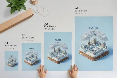 Poster met sneeuwbolmodel van Parijs in de winter