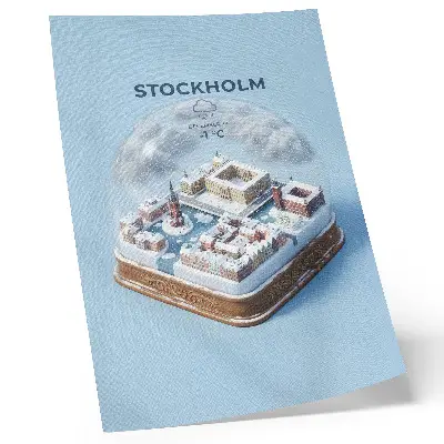 Decoratieve poster Stockholm in een glazen bol met moderne architectuur in een winterklimaat