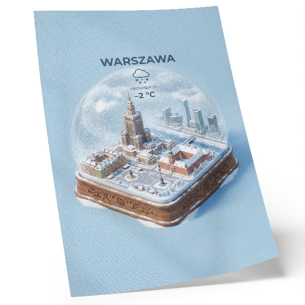 Wandposter Warschau winter glazen bol sneeuw architectuur