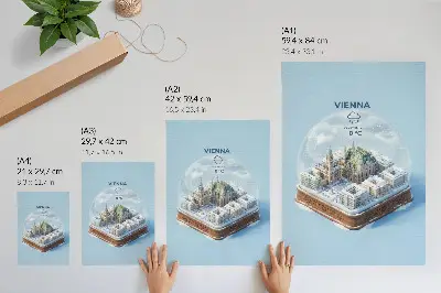 Poster met een miniatuurpanorama van Wenen in een glazen bol