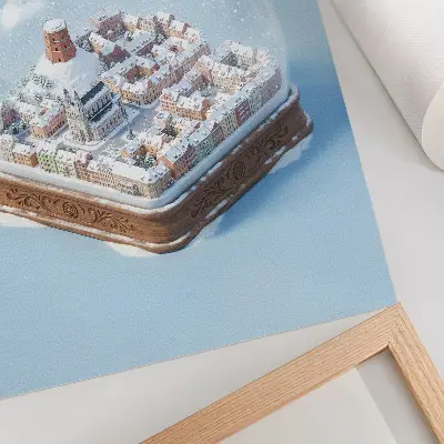 Decoratieve poster miniatuurstad in een glazen bol met winterse magische sfeer