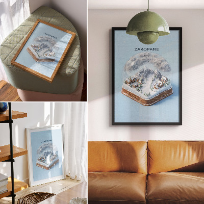 Poster Een winterwonderland in een bol, rustgevende kleuren, de charme van de bergen.