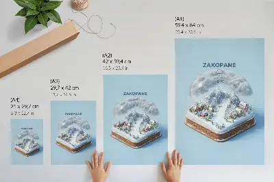 Poster een winterwonderland in een sneeuwbol met rustgevende kleuren en de charme van de bergen