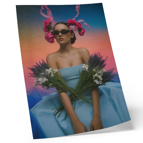 Poster Vrouw met bloemen tegen de achtergrond van een zonsondergang