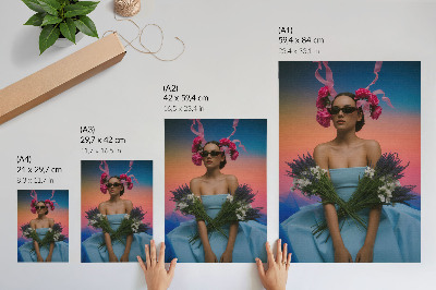 Poster Vrouw met bloemen tegen de achtergrond van een zonsondergang