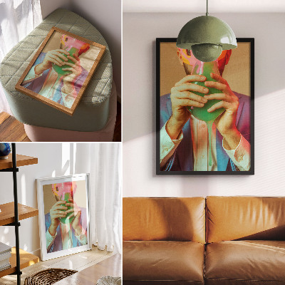 Poster Een kleurrijk masker in de handen van een surrealistische figuur.