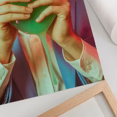 Poster een kleurrijk masker in de handen van een surrealistisch figuur