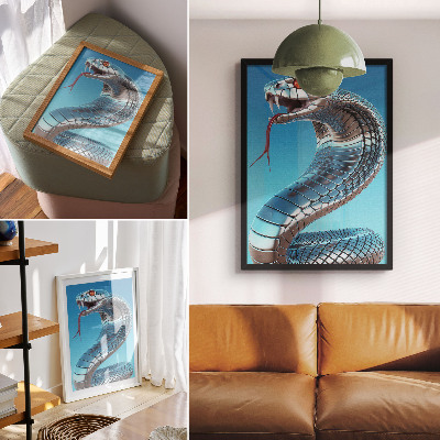 Wandposter Metaalachtige slangblauwe achtergrond met rode intensiteit