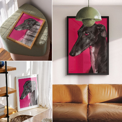 Poster Een zwart-witte hond op een felroze achtergrond.