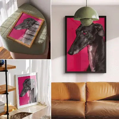 Poster zwart-witte hond op een felroze achtergrond