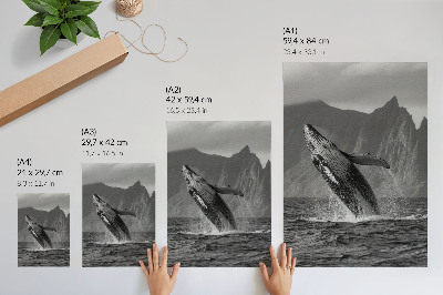 Poster Een foto van een springende walvis met bergen op de achtergrond.